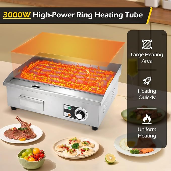 Dyna-Living Commercial Electric Griddle 22'' Flat Top Grill Countertop 3000W Stainless Steel Electric Griddle Nonstick Commercial Flat Top Griddle Countertop Grills, 122°F-572°F Temp Adjustable