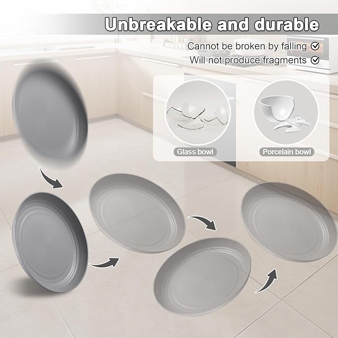 12 Pcs Unbreakable Deep Dinner Plates Set, 10 inch Reusable Plastic Wheat Straw Plates, Microwave and Dishwasher Safe Plate for Kitchen, Lightweight Plate for Dessert, BPA Free, Black