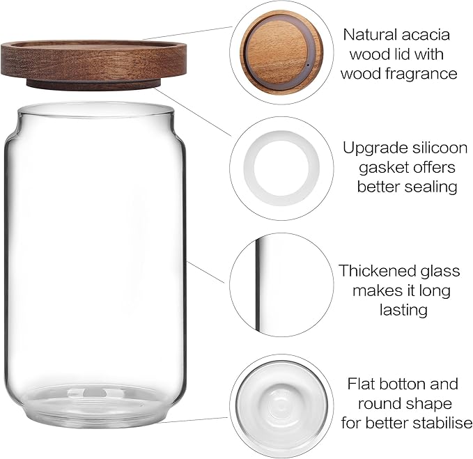 Set of 6 Glass Pantry Storage Jars with Wood Airtight Lid - 23oz Thicken Glass Kitchen Canisters with Reuse Labels&Pen - Glass Food Storage Containers with Wood Lid for Tea,Sugar,Cookie,Coffee