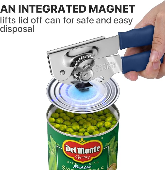Can Opener Manual Heavy Duty, UHIYEE Hand Held Can Openers for Seniors with Comfort Grip Sharp Blade, Solid Steel Hand Manual Can Open with Magnet for Kitchen Camping, Blue