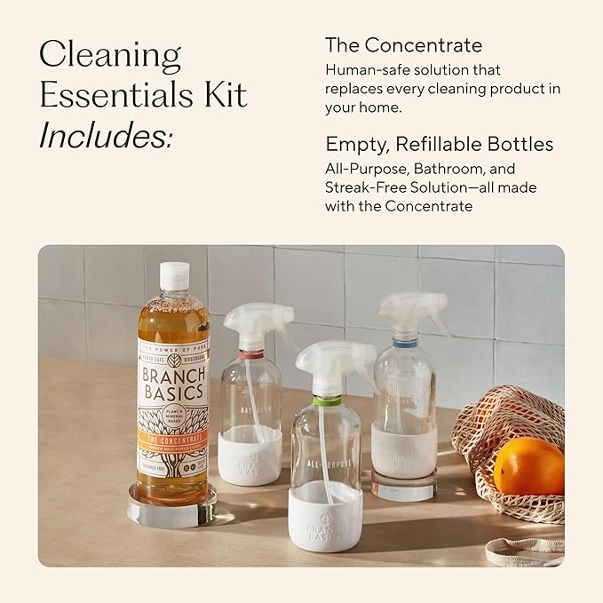 Branch Basics Cleaning Essentials Kit: All Purpose, Glass and Bathroom Cleaner - Concentrate (33.8 Oz) (24 Refills) + Refillable Glass Spray Bottles (16 Oz) Plant Based, Human-Safe, & Fragrance Free