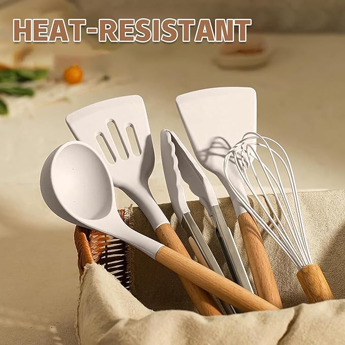 Umite Chef Kitchen Cooking Utensils Set, 33 pcs Non-Stick Silicone Cooking Kitchen Utensils Spatula Set with Holder, Wooden Handle Silicone Kitchen Gadgets Utensil Set (Khaki)