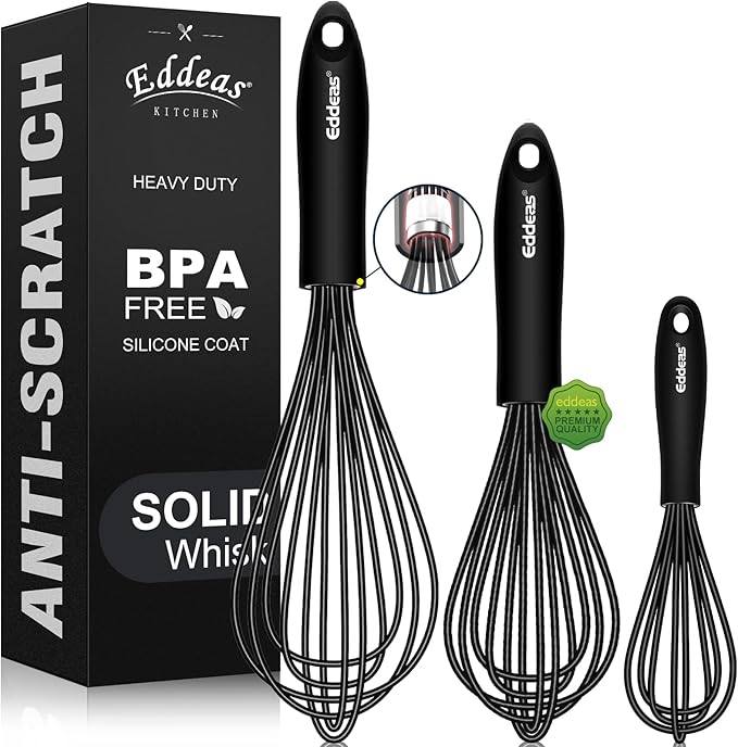 Whisks For Cooking - 500 °F Heat Resistant Silicone Whisk, Heavy Duty 7",9"&11inch Non-Scratch Balloon Kitchen Wisk tool Set, for cooking Wisking, Blending, Beating, Stirring, 3 Piece Black