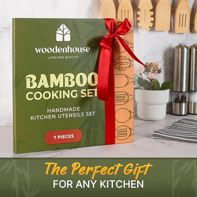 Wooden Utensil Set, Bamboo Utensils – 7 PCs Wood Spoons for Cooking, Easy to Clean, Sturdy, Lightweight & Heat Resistant