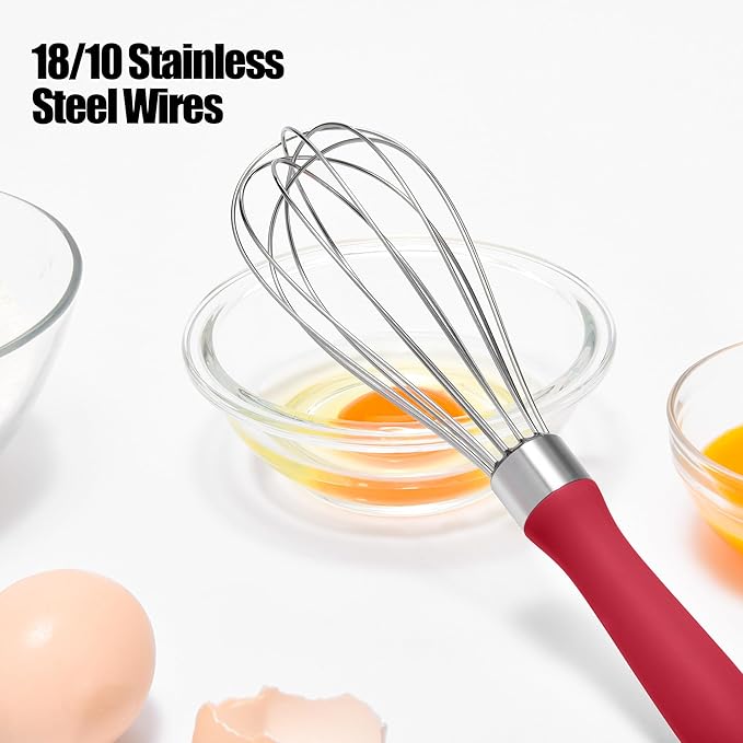18/8 Stainless Steel Balloon Whisk, Doosu Kitchen Whisk for Cooking Handheld Egg Beater with Rust-Proof Sturdy Wires & Non-Slip Silicone Handle for Beating, Stirring, Blending (6 Wires, Red)