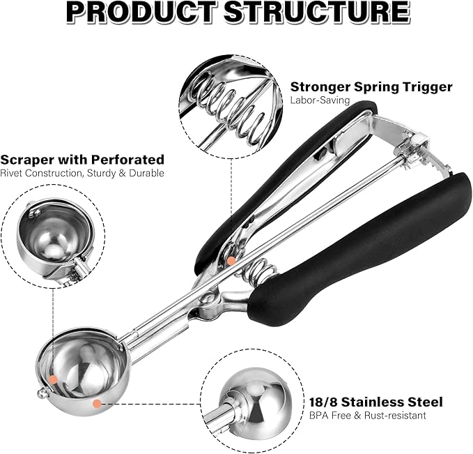 Cookie Scoop 1 Tbsp, TJ POP Professional Stainless Steel Ice Cream Scoop 35 mm, Good Soft Grips, Quick Trigger Release