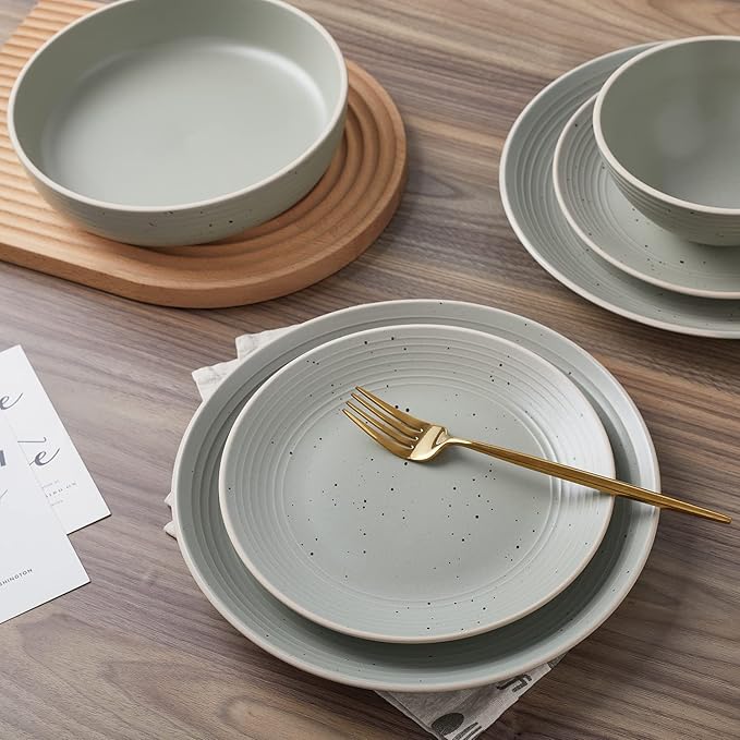 Stone Lain Lauren Stoneware, Rustic Plates and Bowls Set, Dinnerware, Service for 8, Speckled Green, Dishwasher & Microwave Safe, 32-Piece