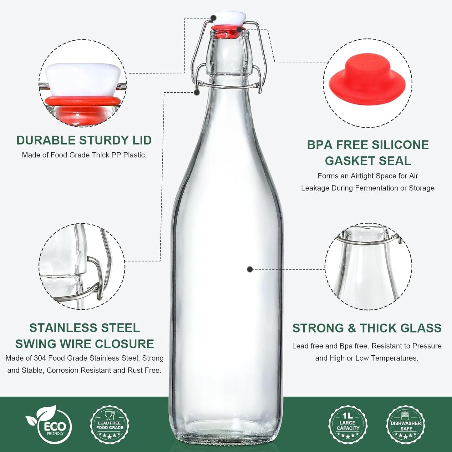 4 Pack [1 Liter / 33 fl. oz.] Swing Top Glass Bottles w/Airtight Stopper Lids – Flip Top Brewing Bottle for Fermentation, Kombucha, Mead, Vinegar, Beer, Kefir, Wine – With 4 Extra Seals & 2 Pourers