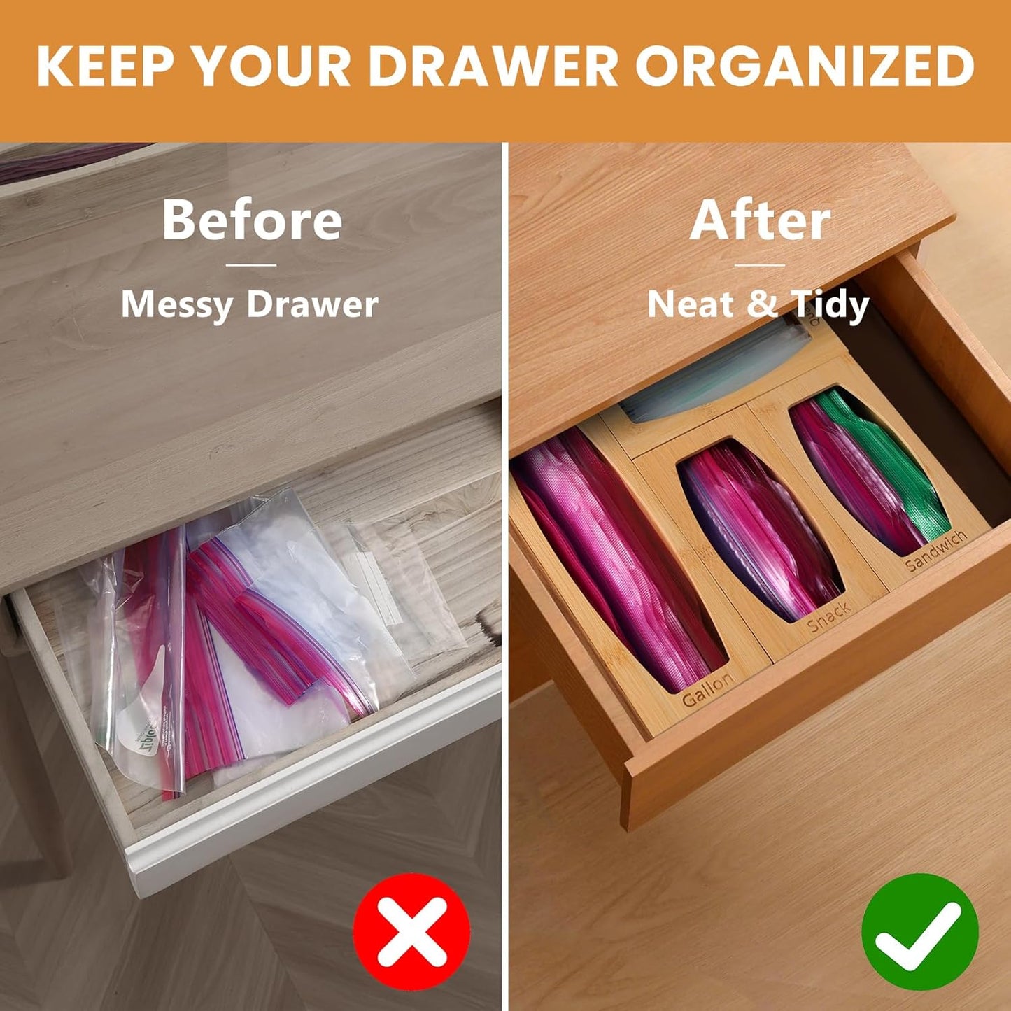 Bamboo Plastic Bag Storage Organizer for Kitchen Drawer, 4 Separate Baggie Organizer, Suitable for Gallon, Quart, Sandwich & Snack Variety Size Bag