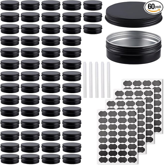 OBKJJ 60 Pack Round Cans with Screw Lid 4 Oz Aluminum Metal Tins DIY Food Candle Containers for Lotion Bars, Balms, Salve, Spices, Beard Balm, Crafts with 4 Markers 2 Sheets Label Stickers