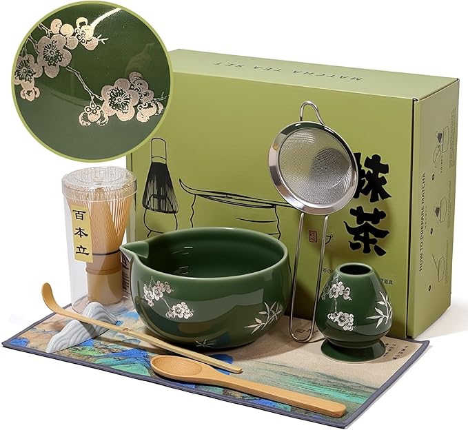 Matcha Whisk Set with Ceramic Bowl - Bamboo Whisk (Chasen), Scoop, Sifter & Holder - Complete Kit for Traditional Matcha Tea - Unique Gifts for Tea Lovers (Celadon Veil)