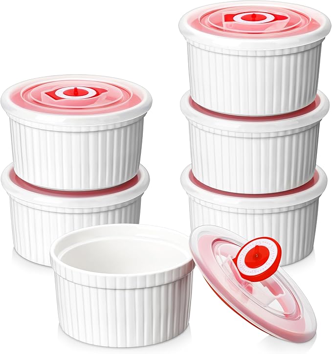 MALACASA Ramekins with Lids 8 oz - Set of 6, White Porcelain Creme Brulee Souffle Ramekins with Covers, Ceramic Custard Cups for Baking, Dishwasher and Oven Safe, Series RAMEKIN-DISH