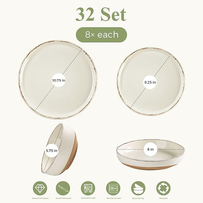 AmorArc Ceramic Dinnerware Sets with Pasta Bowls for 8, Handpainted Plates and Bowls Set with Rustic Terracotta Underside, Scratch Resistant Dishes Set, Dishwasher & Microwave Safe, 32 Pcs