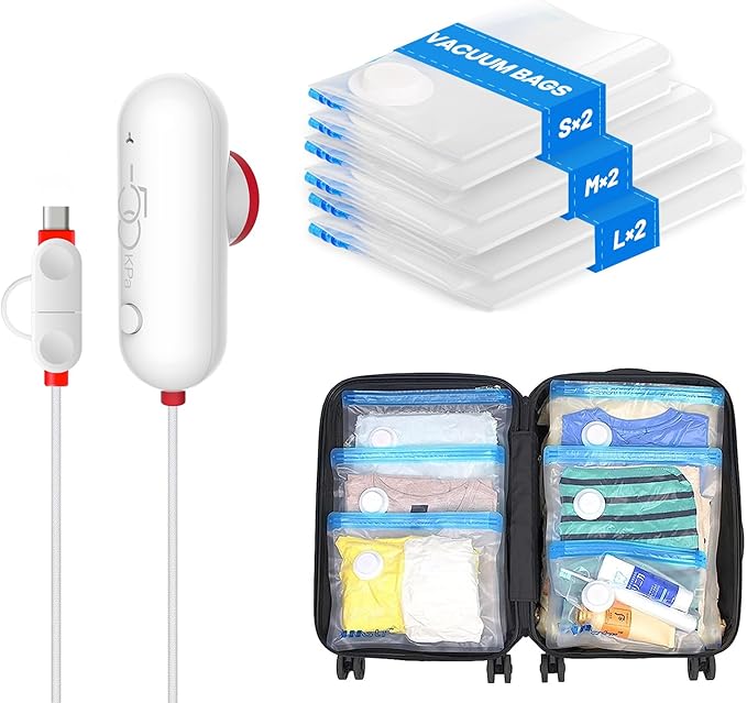VMstr Vacuum Storage Bags with USB Electric Pump, 6 Pack Carry-on Size Space Saver for Clothes and Clothing Travel, Compression Bags for Clothes