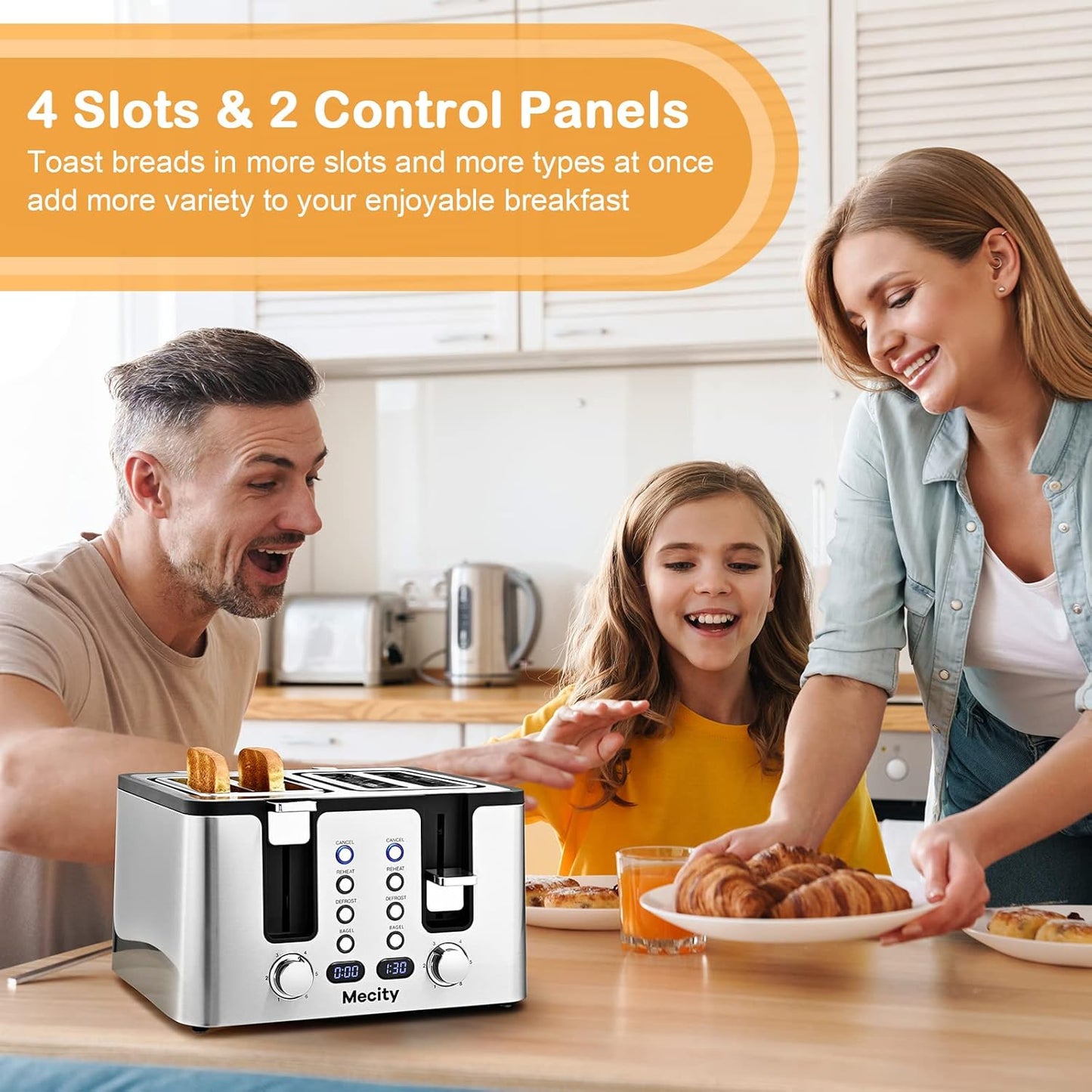 Mecity 4 Slot Stainless Steel Toaster - 4 Slice With Warming Rack, Cool to Touch, Bagel/Defrost/Reheat Functions, Removable Tray, 6 Browning Settings, Extra Wide Slots, 1500W