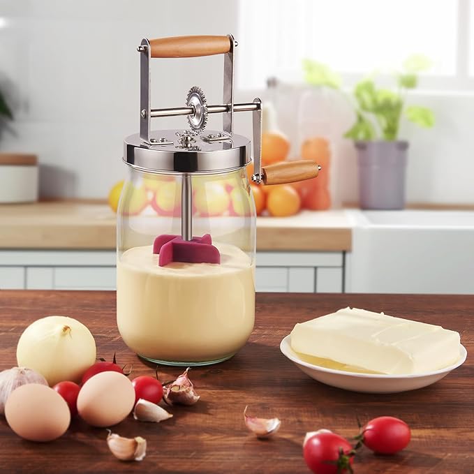 Butter Churn - Wooden Handle Shakes Stainless Steel Gear Manual Butter Maker, Butter Churner Hand Crank Mason Jar, Baking of Top Gadgets Butter Maker Cream Mixer (51oz)