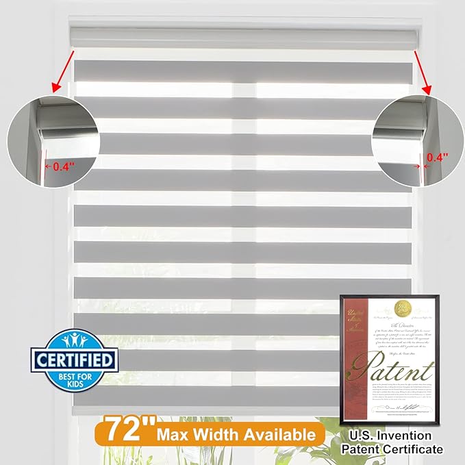 Persilux Zebra Shades Free Stop Roller Shades for Windows (45" W x 72" H, Grey) Cordless Dual Layer Window Treatments Room Darkening Roller Blinds for Home, Office, Kitchen…