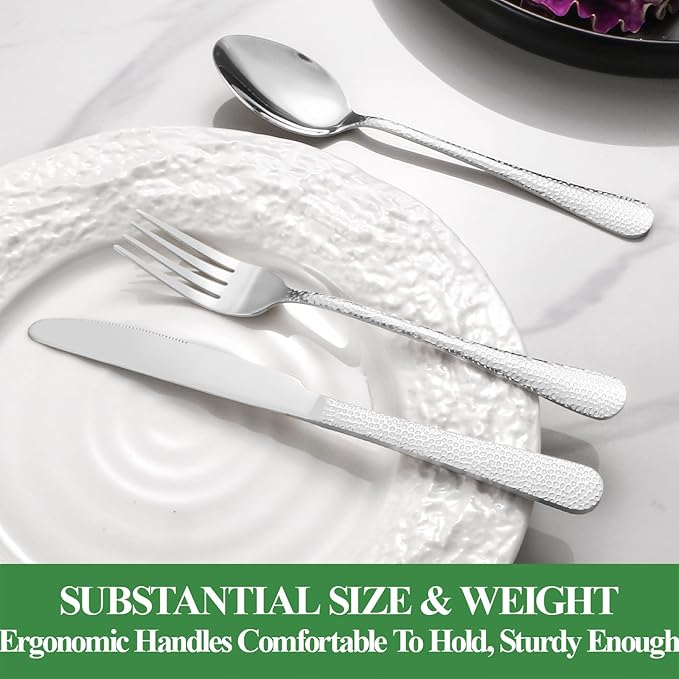 20 Pcs Silverware Set for 4 with Hammered Design, Food Grade Stainless Steel Flatware Set, Eating Utensils Sets Include Fork/Knife/Spoon, Reusable Cutlery Set, Dishwasher Safe