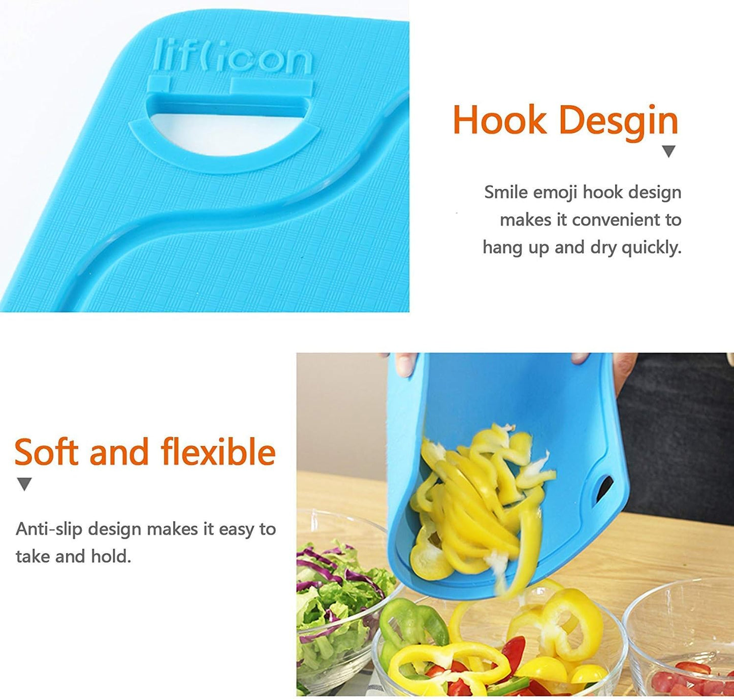Silicone Thick Cutting Boards Mats Set of 3pcs Foldable & Flexible Design Juice Grooves Easy Grip Handle Dishwasher Safe for Kitchen,BPA free Chif-Blue