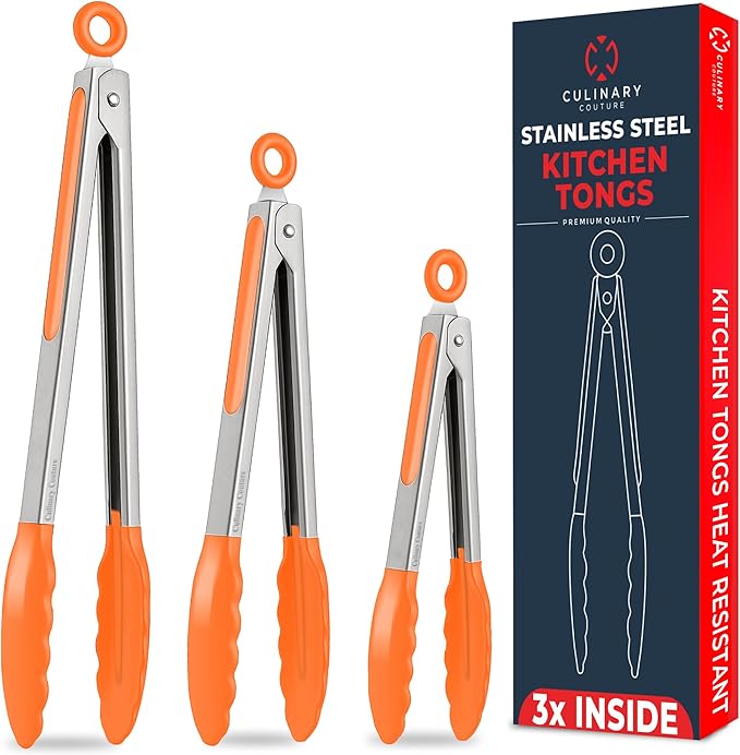 Kitchen Tongs for Cooking with Silicone Tips, Heat Resistant Tongs for Serving Food, 7-Inch, 9-Inch, 12-Inch Locking Silicone Tong, Set of 3 Salad Tong, Orange Kitchen Utensils