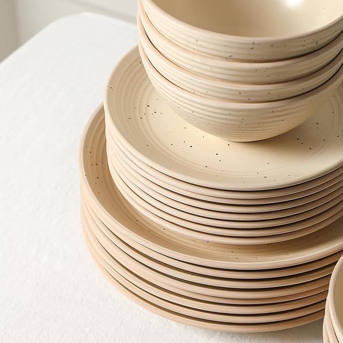 Stone Lain Lauren Modern Stoneware 32-piece Round Dinnerware Set, Plates and Bowls Set, Dish set for 8, Beige