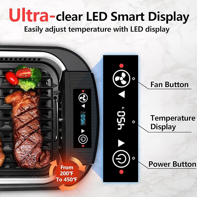 CUSIMAX Indoor Grill, Electric Smokeless Grill, 1500W Korean BBQ Grill, Electric Griddle with LED Smart Display & Tempered Glass Lid, Non-stick Removable Plate & Griddle Plate, Black