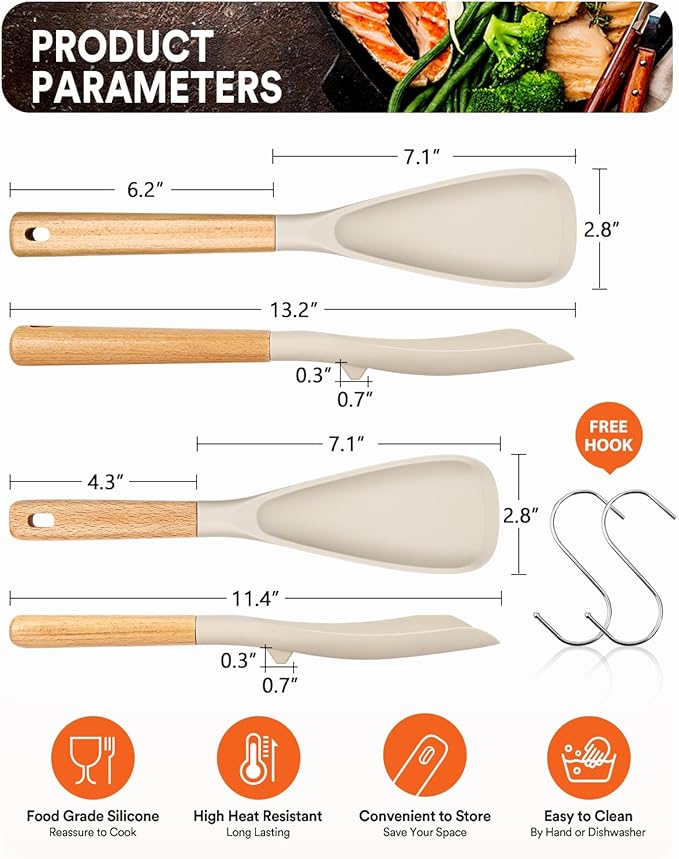 Multifunction Spatula Spoon for Nonstick Cookwares, Great for Cooking and Serving, Sturdy BPA-Free Matte Silicone, Wood Handle Spatula for Mixing, Scoop, and Scrape, Khaki(2 pack,11.4" & 13.4")