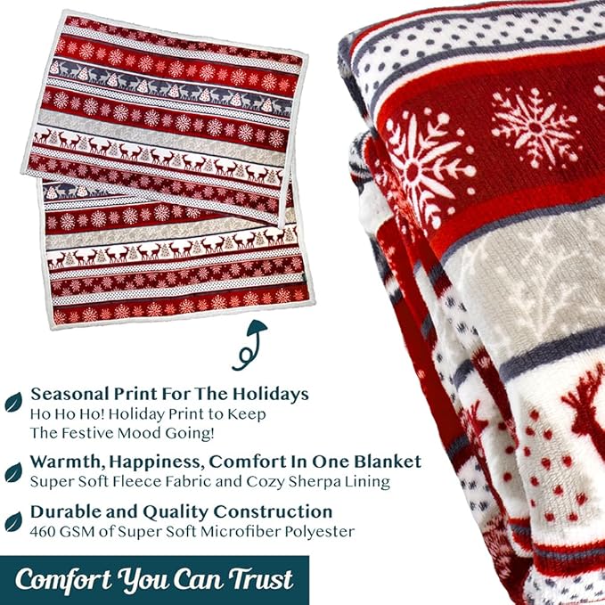 PAVILIA Premium Christmas Sherpa Throw Blanket | Christmas Decoration Reindeers, Fleece, Plush, Warm, Cozy Reversible Microfiber Holiday Blanket 60x80