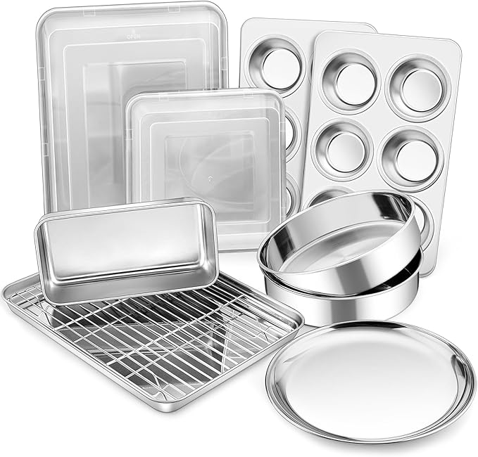 P&P CHEF Stainless Steel Bakeware Set, 12-Piece Kitchen Baking Pans Set, Baking Sheet with Rack, Square Cake Pan with Lid, Lasagna Pan, Loaf Pan, Muffin Pan, Pizza Tray & 2 Covers, Easily Clean