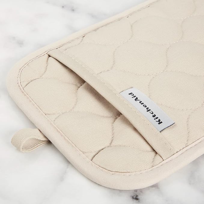 KITCHENAID Quilted Cotton Terry Cloth Oven Mitt, Pot Holder, Kitchen Towel 4-Pack Set, Heat Resistant, Silicone Grip, 16"x26", 7"x13" & 7"x10", Milkshake