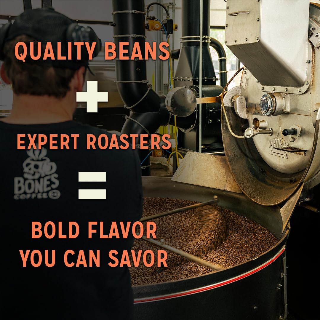 Bones Coffee Company White Russian, Cream and Cocktail Flavored Coffee, Medium Roast Low Acid Arabica Beans Compatible with Auto drip and French Press Coffee Maker, 12 Oz Ground