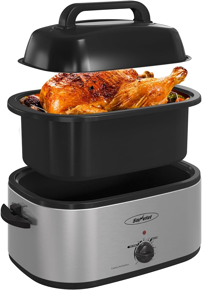 RoyalCraft 24-Quart Electric Roaster Oven with Visible Self-Basting Lid, Turkey Roaster Oven with Removable Pan and Rack, Perfect for Large Meals and Holiday Feasts, Silver