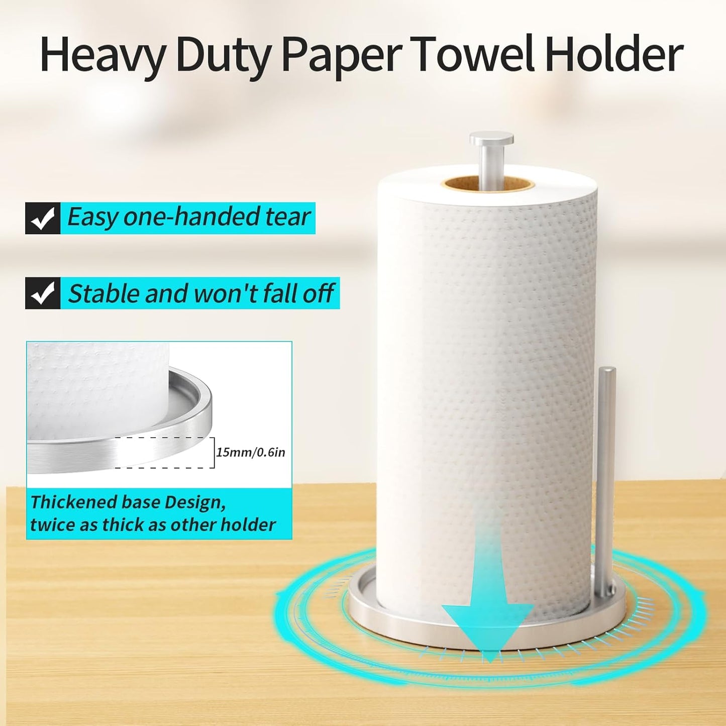Paper Towel Holder Countertop, Standing Paper Roll Holder with Anti Slip Weighted Base, Stainless Steel Freestanding Paper Towel Holder for Kitchen, Silver