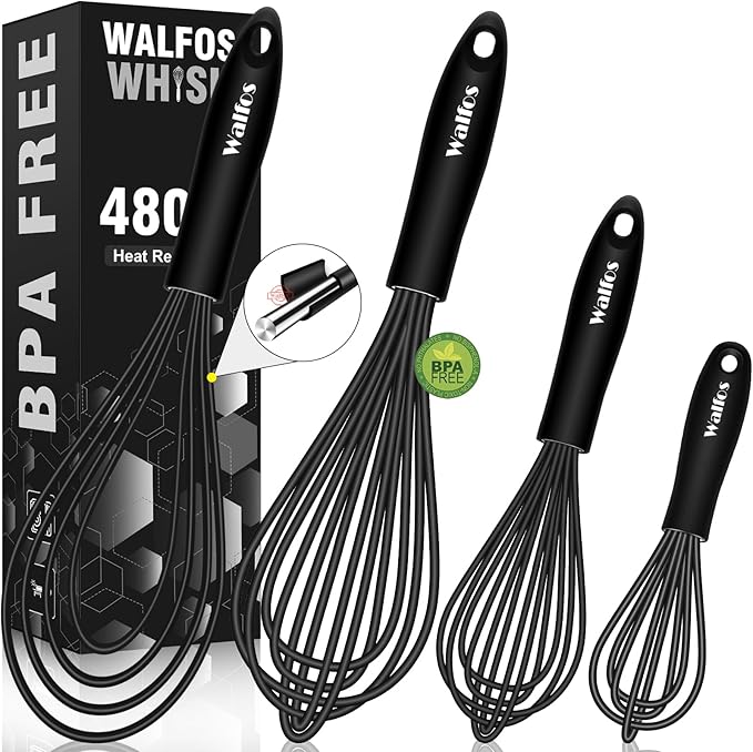 Walfos Whisk Silicone Whisks set, Non Scatch Coated Whisks for Cooking and Baking, Heavy Duty Set of 4 Kitchen Whisk - 11'' Flat Wisk and 7''+10''+12'' Balloon.