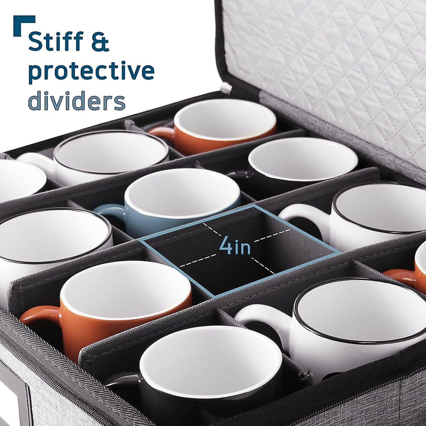 Coffee Mug Storage, 2 Pack Quilted and Stackable Coffee Cup Storage Organizer for Service of 24, Mug Storage Box with Dividers, China Containers Hard Shell for Moving and Organization, Grey