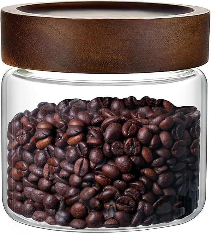 17 Fl oz/500 ml Glass Food Storage Jar, Premium Clear Glass Container Jar with Airtight Wooden Screw Lid, Kitchen Canisters for Coffee,Tea,Pasta,Cookies, Nuts,Spice,Candy,Overnight Oatmeal（Small)