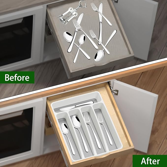 Silverware Organizer 2 Pieces Utenisl Organizer Holder Kitchen Drawer Organizer Plastic Silverware Tray for Drawer Flatware Organizer 5 Compartment White