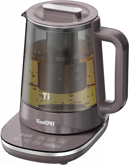 Titanium Hot Tea Maker Glass Electric Kettle with Infuser and Temperature Control,1.5L Tea Maker & 1500W Rapid Boiling,Programmable Control for your Favorite Teas and Coffee-Brown