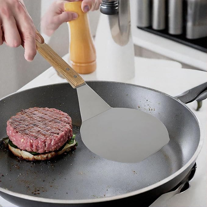 Extra-Large Stainless Steel Wide Spatula Turner Strong Wooden Handle - Dishwasher Safe Kitchen Utensil - Heavy Duty Oversized Metal Lifter Grilling, Cooking, Baking Cake & Cookies pancake spatula