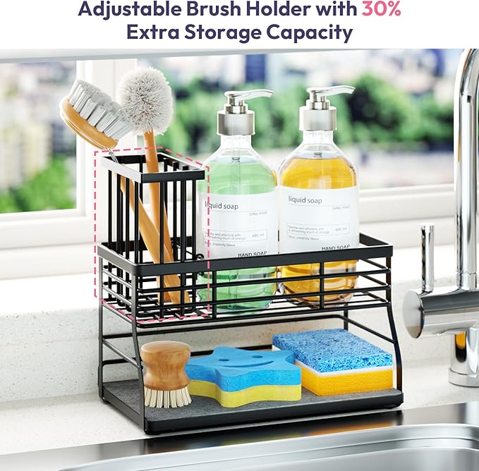 SWTYMIKI Sponge Holder for Kitchen Sink - 2 Tier Rustproof Sink Caddy with Instant Drying Stone, Removable Dish Brush Holder, Stainless Steel Kitchen Caddy for Coutertop Storage Accessories