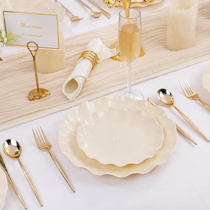 LIYH 24 Pcs Plastic Plates Reusable,Unbreakable Dinner Plates, Scalloped Plastic Plates, Dishwasher Safe,Ivory Plate Sets Perfect for Parties, Birthday, Picnics, BPA Free(12Guests)