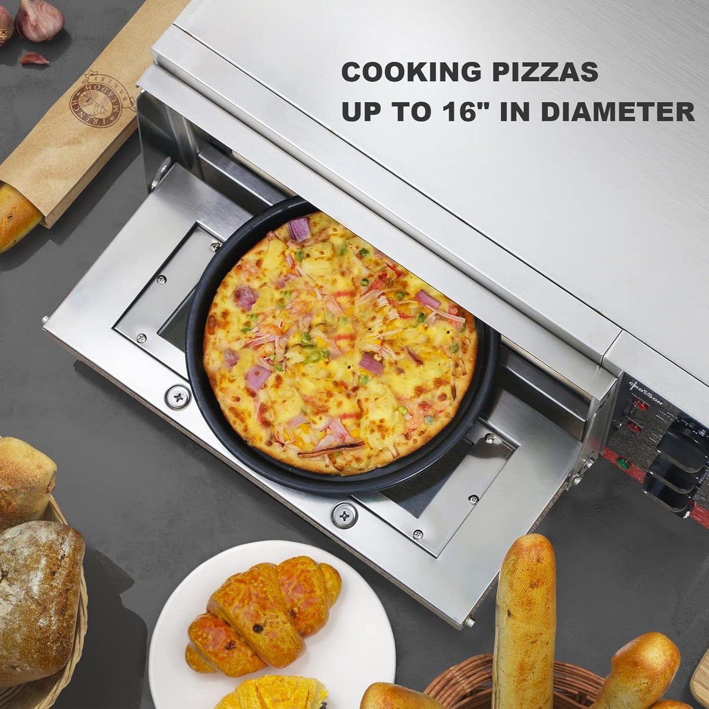 CROSSON ETL listed Commercial 16 inch Countertop Electric Pizza Oven with pizza stone, Multipurpose Indoor Pizza oven for Restaurant use,120V/1800W