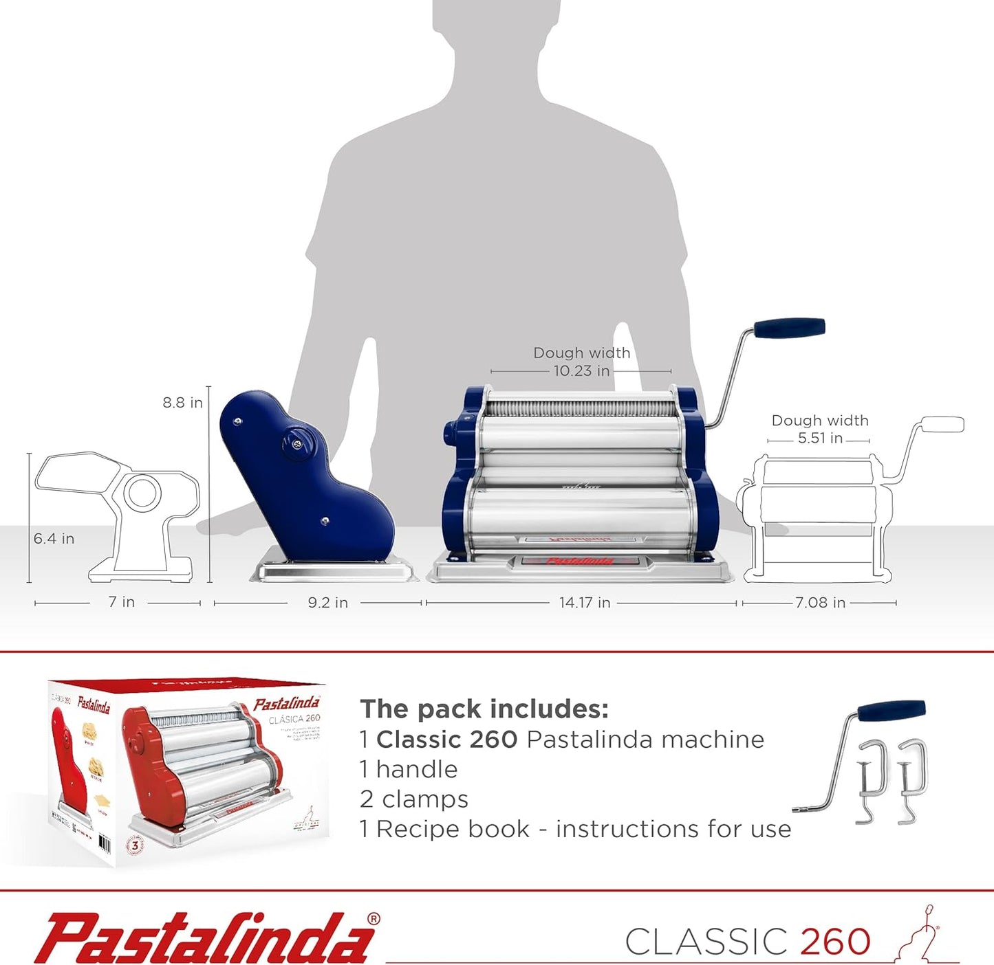 PASTALINDA Classic 260 Pasta Maker Machine, 26 cm Wide Rollers, 9 Thickness Positions, 2 Cutting Positions, Stainless Steel. Includes Reinforced Hand Crank And Two Clamps (Navy blue)