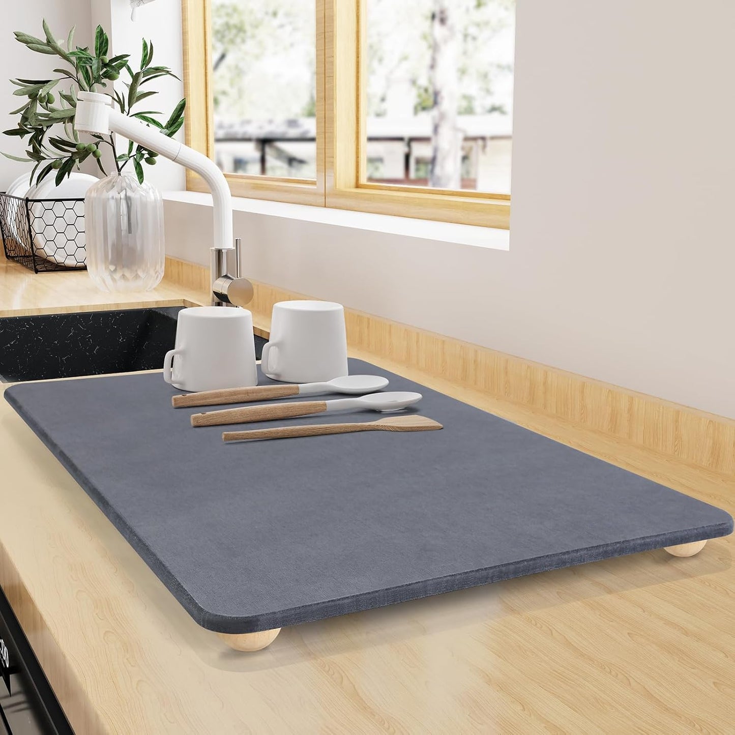 Stone Dish Drying Mat for Kitchen Counter, 16"×12" Quick Dry Super Absorbent Eco-Friendly Diatomaceous Earth Stone Mat with hemisphere wooden feet, Non-slip, Heat Resistant, Multi-purpose mats.
