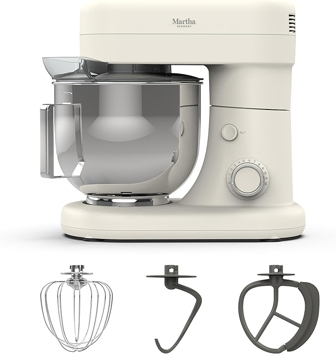 Martha Stewart  Tilt-Head Stand Mixer, 12 Speed, 5.3QT Stainless Steel Bowl, Splash Guard with Pour Chute, Whisk, Dough Hook, Flat Beater, Electric Kitchen Baking Mixer, Bread, Cake, Whip, Linen White