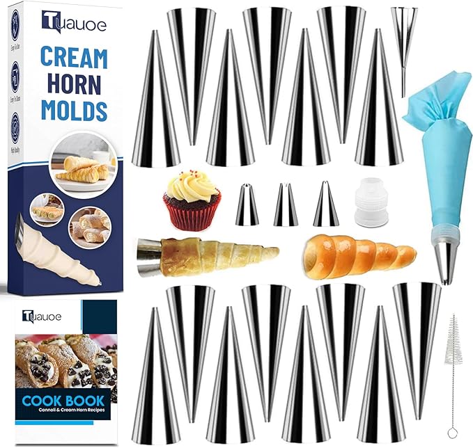 Cream Horn Molds for Baking, 23pcs Horn Forms Set, Non-stick Stainless Steel 15pcs Cone Shaped with Cleaning Brush, Piping Tip, Piping Bag, for ice Cream Cones, Puff Pastry, Baking Cones
