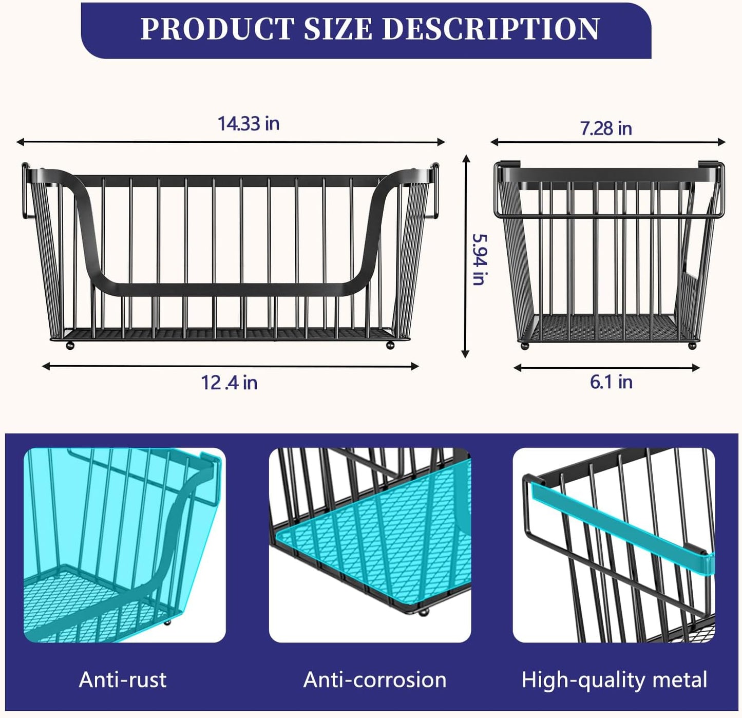 Enhanced Leak-Proof Bottom Stackable Wire Baskets, 4 Pack Pantry Organizers and Storage, pantry storage，Shelf Baskets, Fruit Basket, Potato and Onion Storage Bins，(Black)