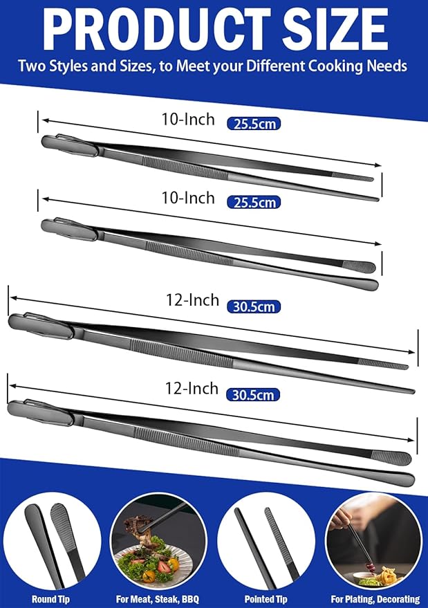 JETKONG 4 Pcs Kitchen Tweezers, 12'' and 10'' Stainless Steel Cooking Tweezers Set, High-Precision Tweezers Tongs for Cooking, Repairing, Seafood and BBQ (Black)