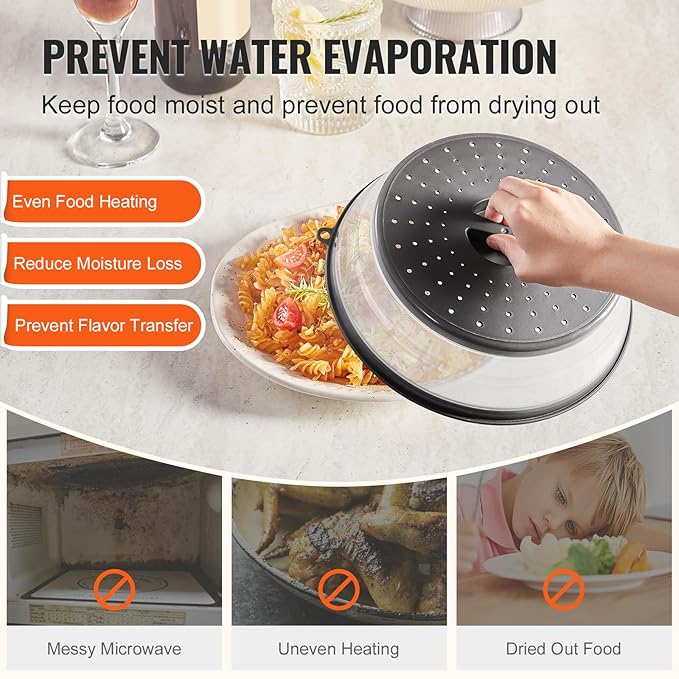 VEVOR Microwave Splatter Covers, 2 Pack 10.4" Collapsible Microwave Lid for Food, 300°F Heat-Resistant PP Splatter Guard for Plate Dish, Multi-Use Kitchen Colander Gadget for Washing Fruits Vegetables