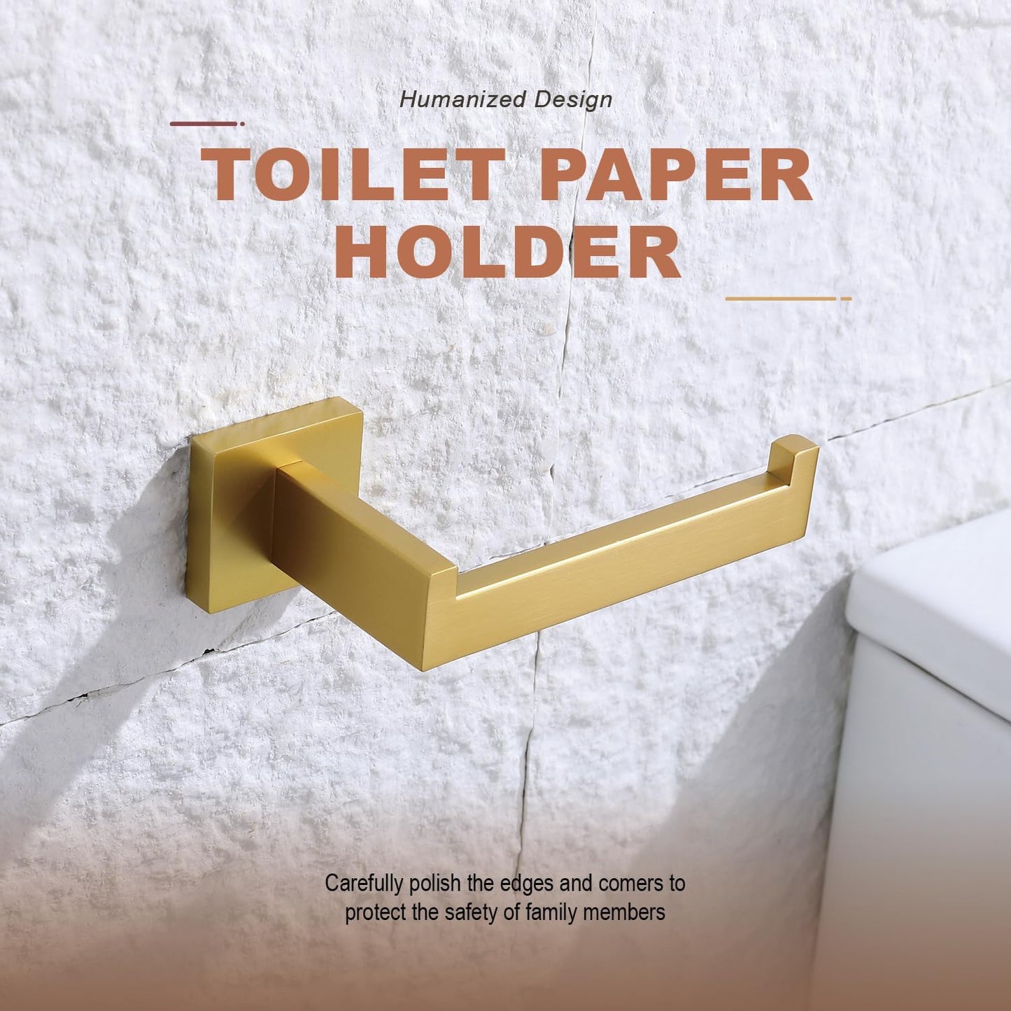 TASTOS Toilet Paper Holder Brushed Gold, Toilet Tissue Roll Holders Dispenser and Hangers Wall Mounted for Bathroom & Kitchen, Stainless Steel Modern Square Style